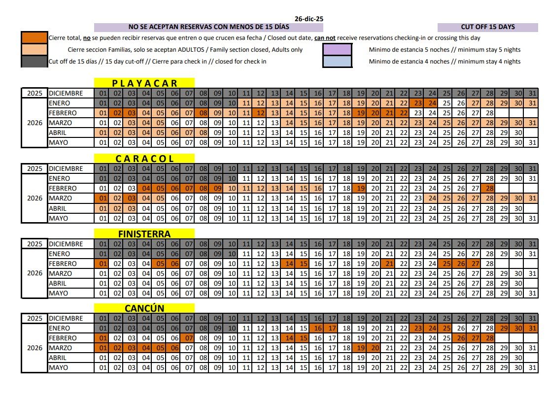Sandos Resorts promotional availability calendar