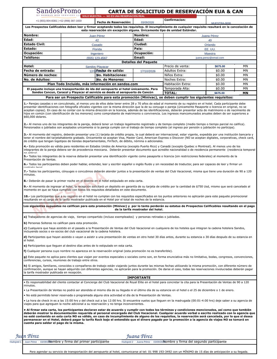 Carta de solicitud de reservación de muestra. Haga clic para abrir los términos.