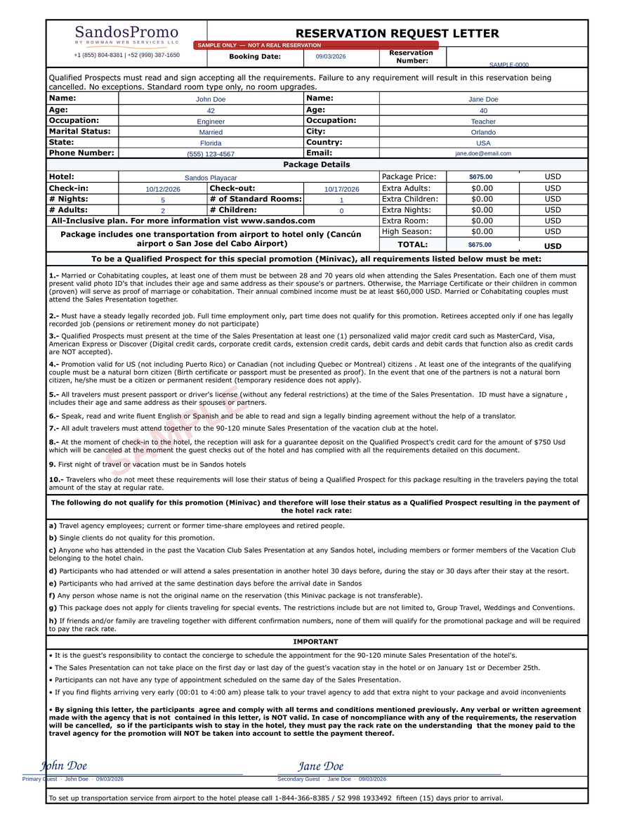 Sample Reservation Request Letter. Click to open the offer terms page.