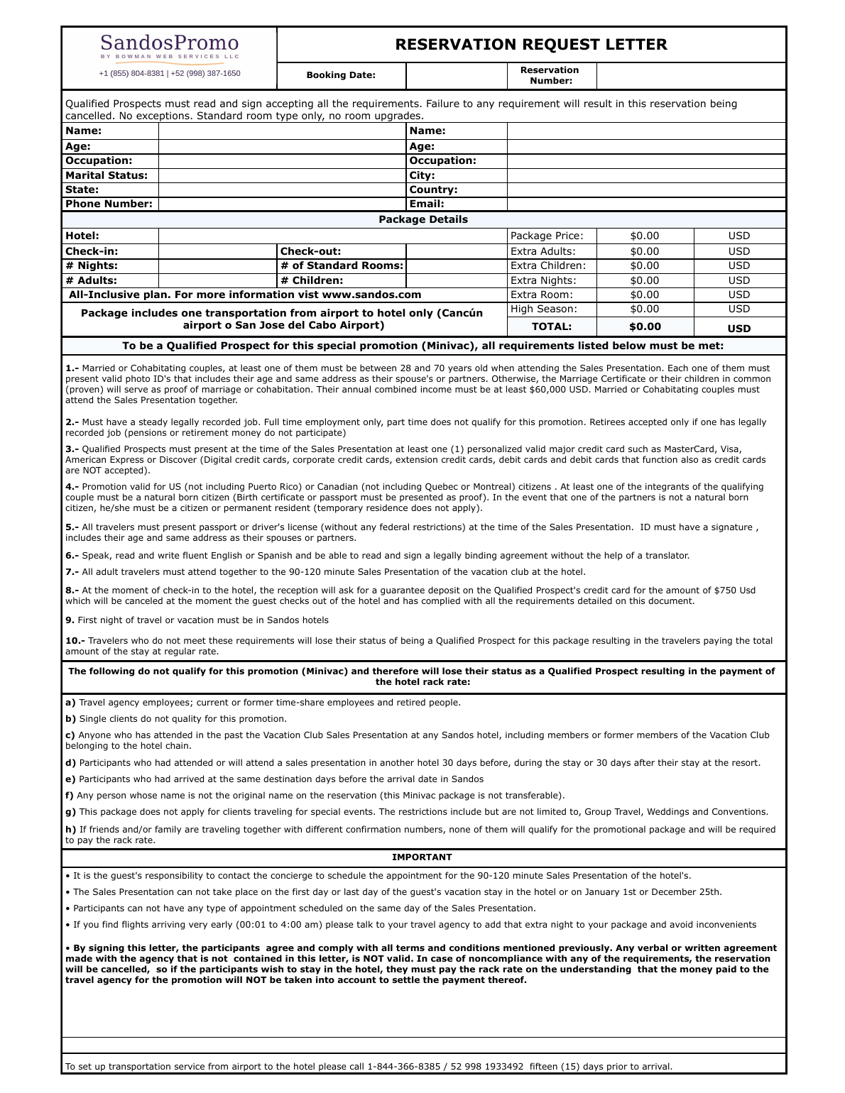 Reservation Request Letter — US and Canada