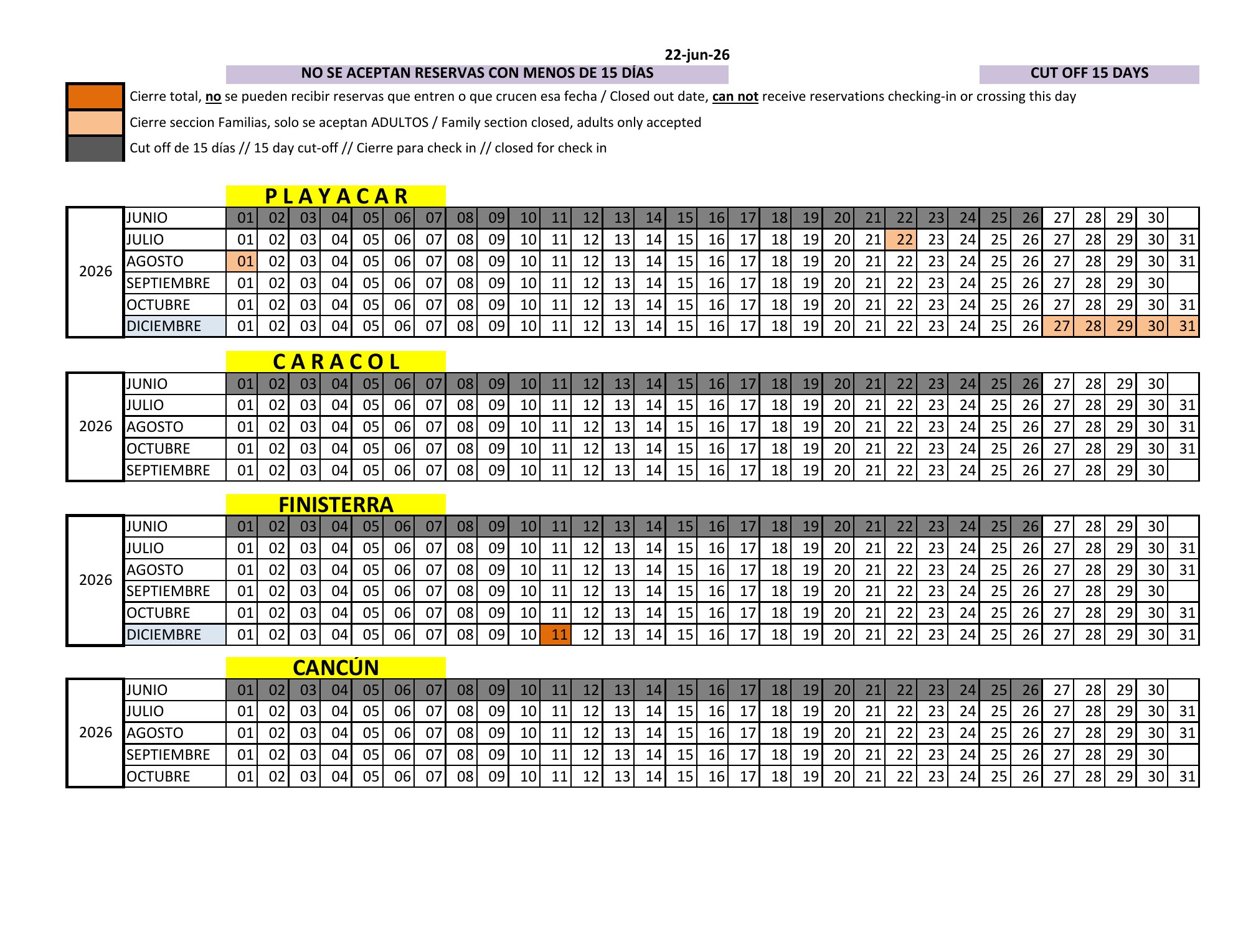 Sandos Resorts June 22, 2026 promotional availability calendar