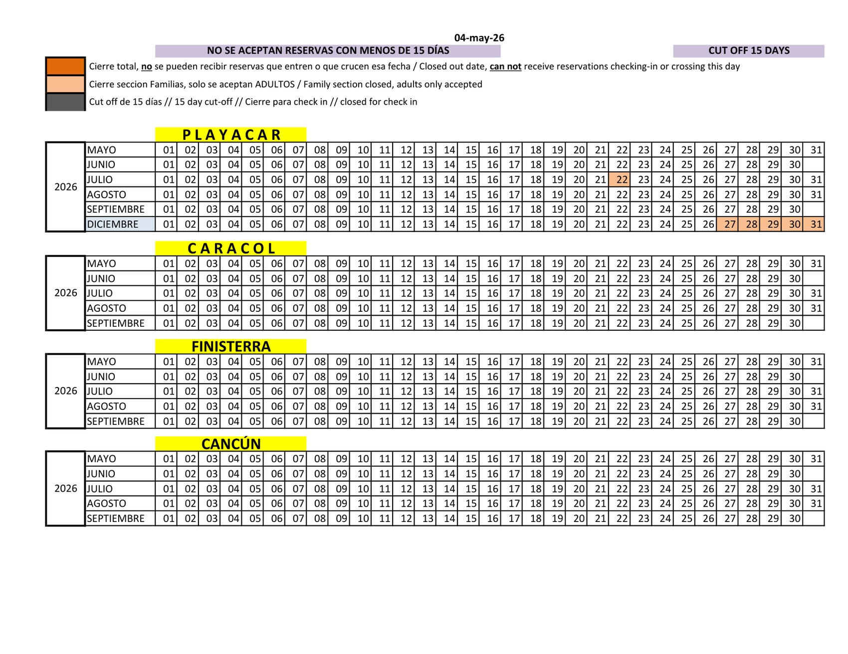 Sandos resort availability calendar snapshot