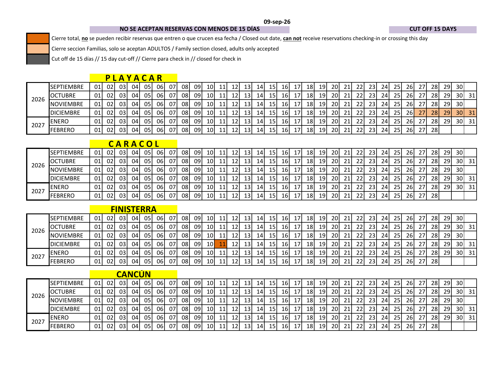 Sandos resort availability calendar snapshot