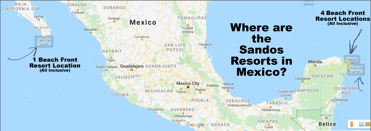 Map showing the locations of Sandos Resorts in Mexico
